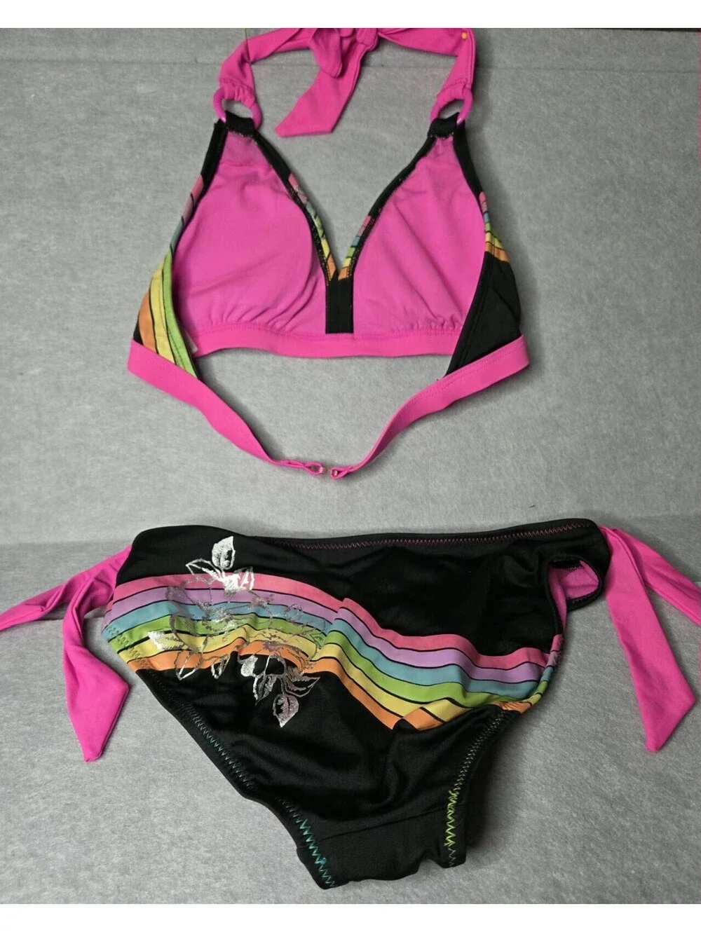 Justice Girls Halter Bikini Swimsuit 2 Piece Black Rainbow Stripe Pink Size NWOT